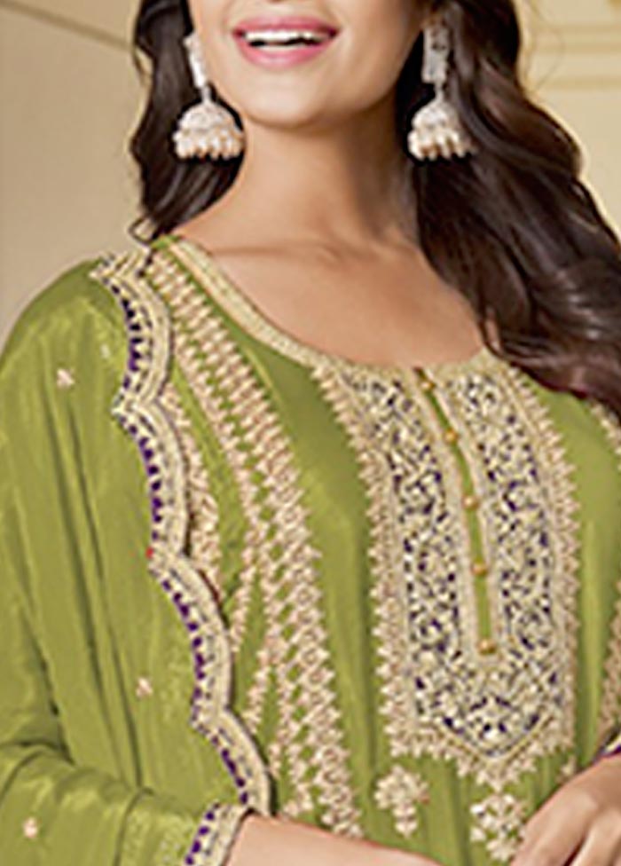 3 Pc Light Green Semi Stitched Silk Suit Set Top Quality Cheap Pice