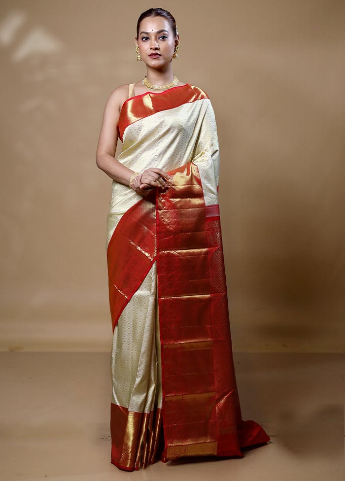 White Handloom Kanchipuram Pure Silk Saree With Blouse Piece Clearance Outlet