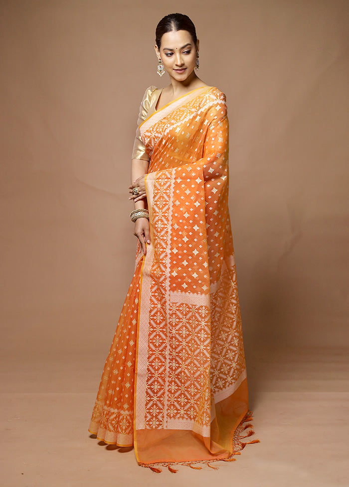 Orange Kora Silk Saree With Blouse Piece Outlet Online