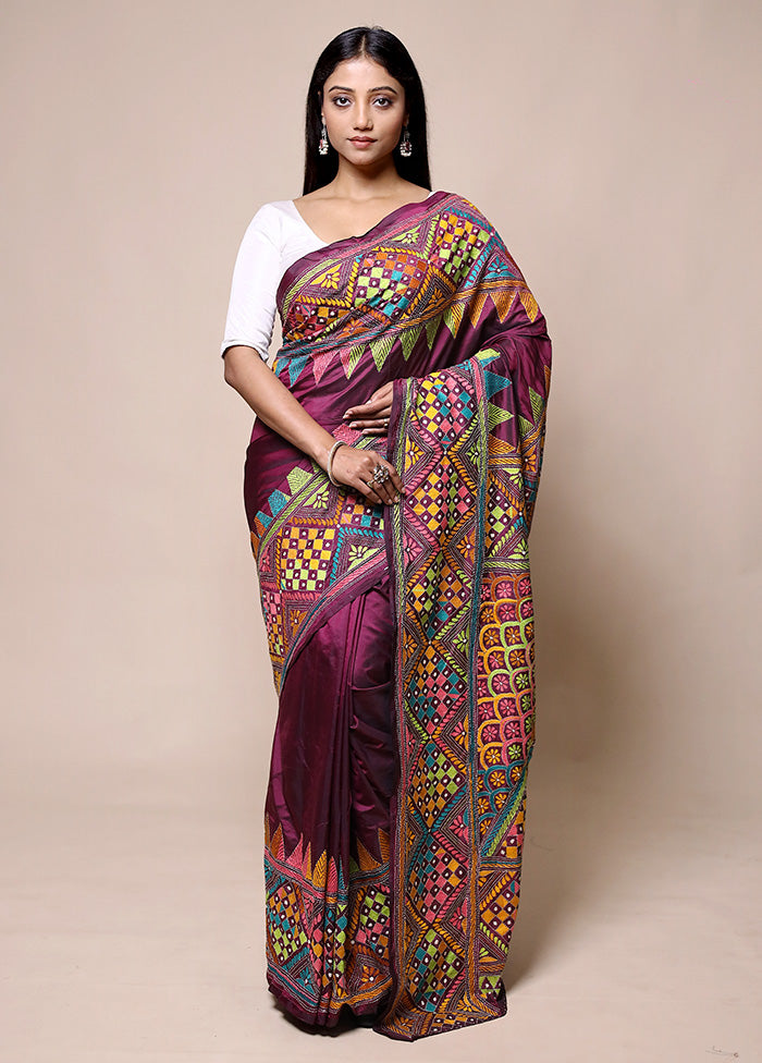 Maroon Kantha Stitch Silk Saree With Blouse Piece Sale 100% Guaranteed