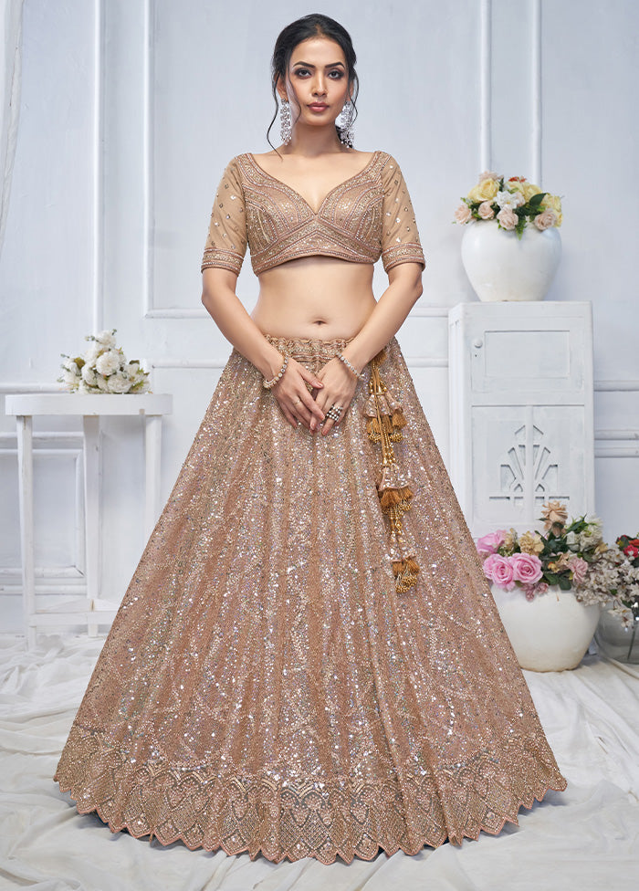 3 Pc Brown Net Semi Stitched Lehenga Set Comfortable Cheap Pice