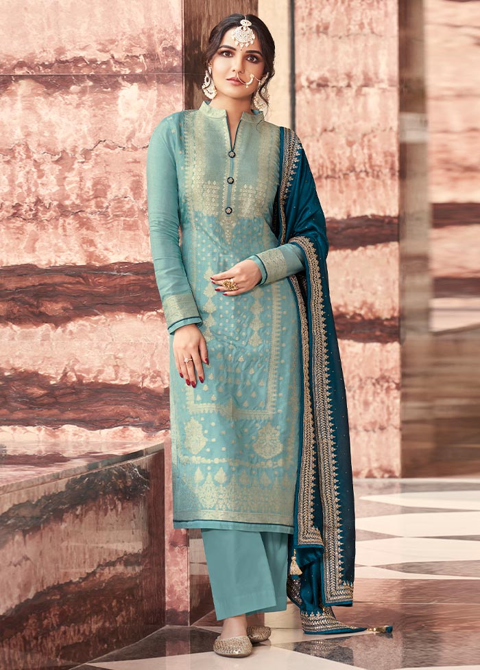 3 Pc Sky Blue Semi Stitched Silk Suit Set Recommend Sale Online