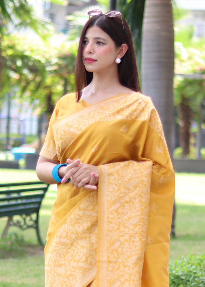 Yellow Spun Silk Saree With Blouse Piece Discount Footaction