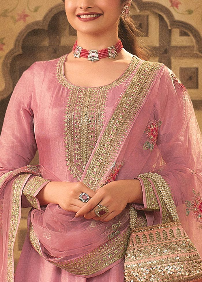 3 Pc Pink Semi Stitched Silk Suit Set Free Shipping Pick A Best