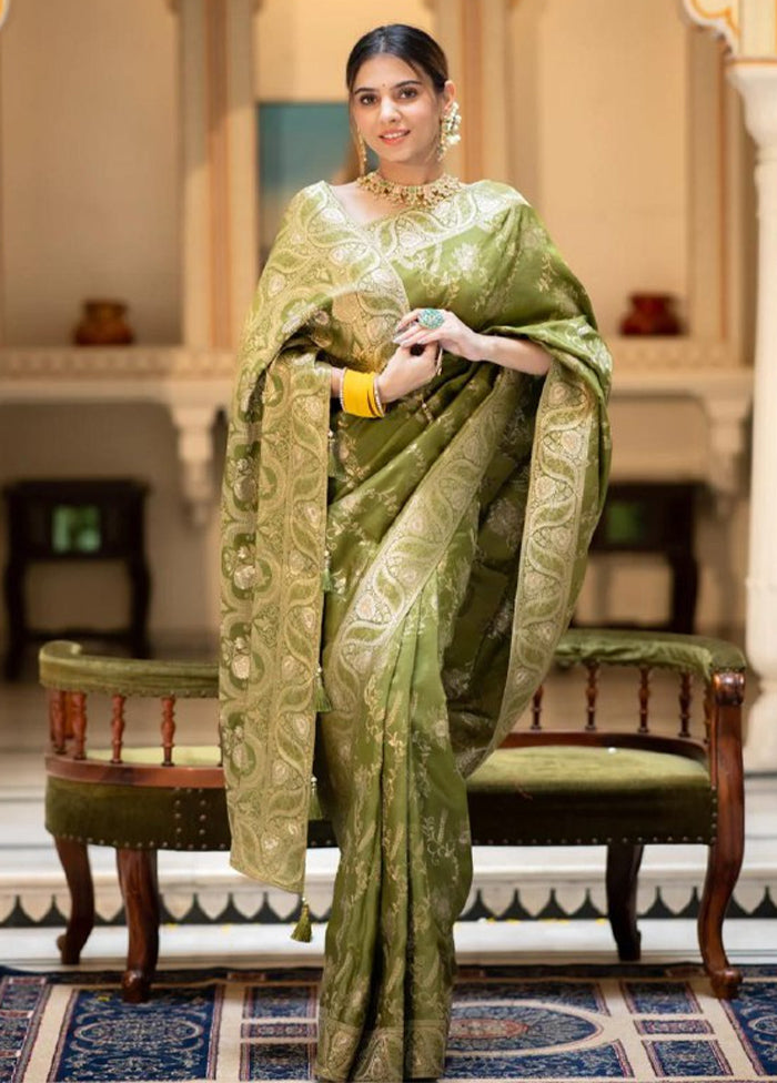 Mehendi Green Banarasi Silk Saree With Blouse Piece Countdown Package Online