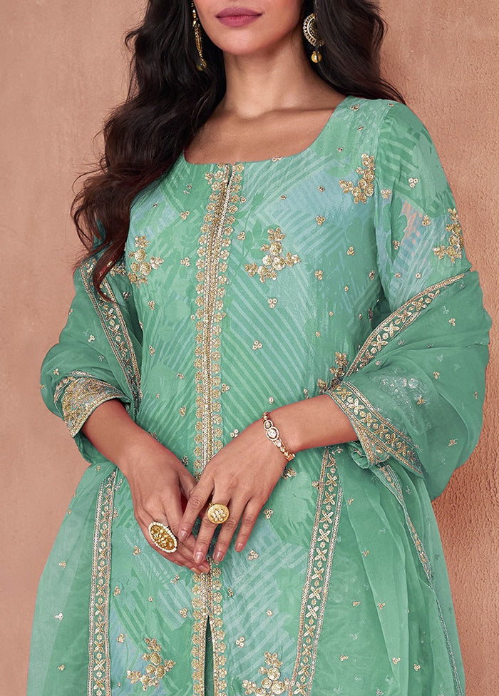 3 Pc Sea Green Semi Stitched Georgette Suit Set Browse For Sale