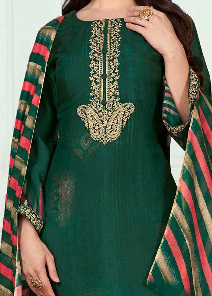 3 Pc Green Unstitched Silk Suit Set Hot Sale