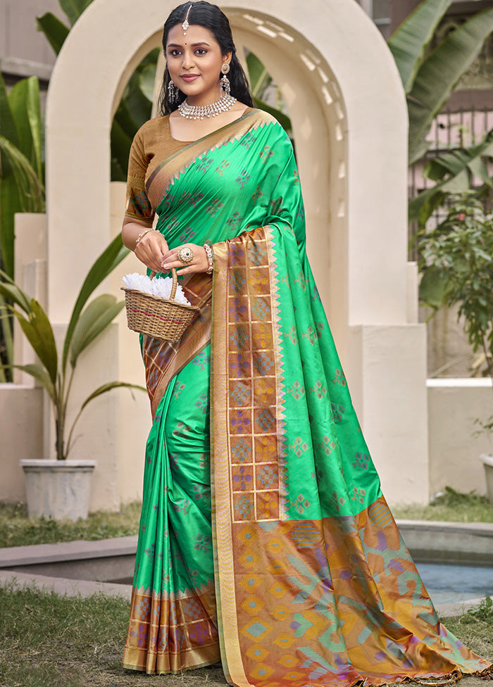 Rama Green Spun Silk Saree With Blouse Piece Sale For Cheap