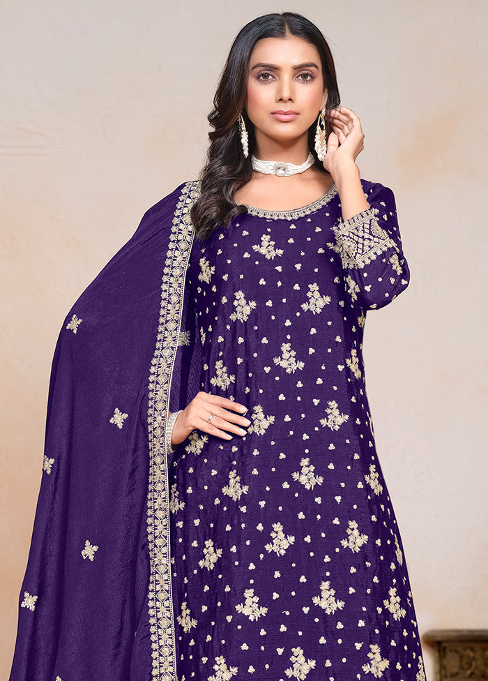 3 Pc Purple Semi Stitched Silk Suit Set Sale Latest