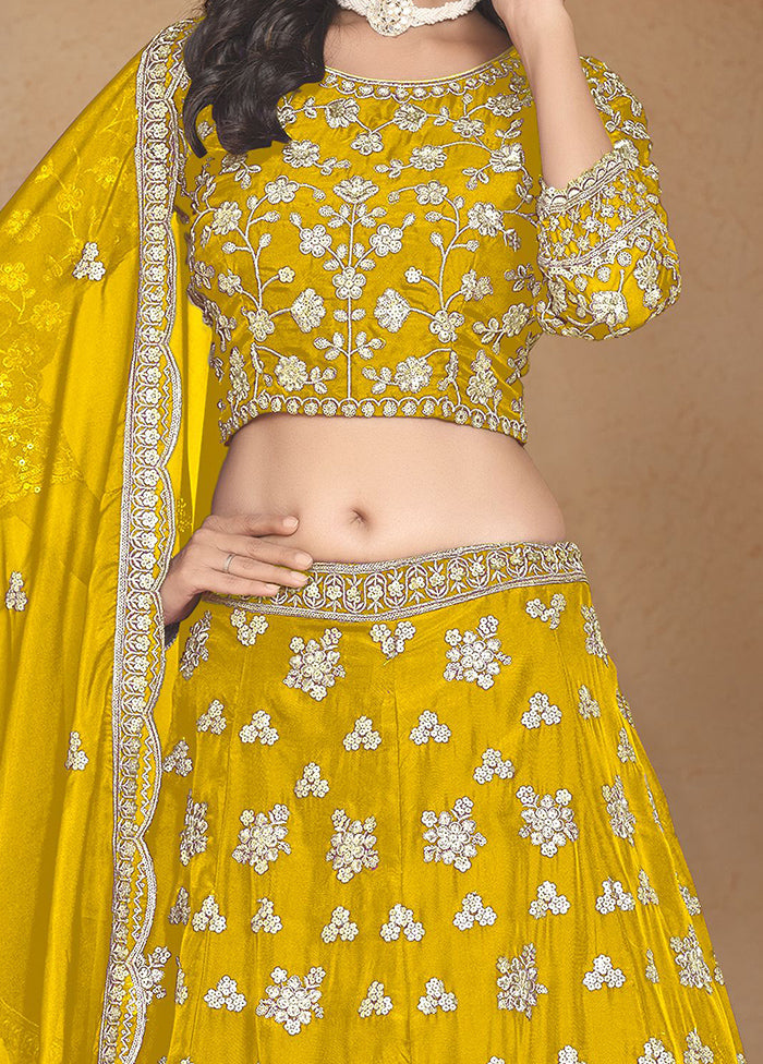 3 Pc Yellow Net Semi Stitched Lehenga Set Cheapest Pice Online