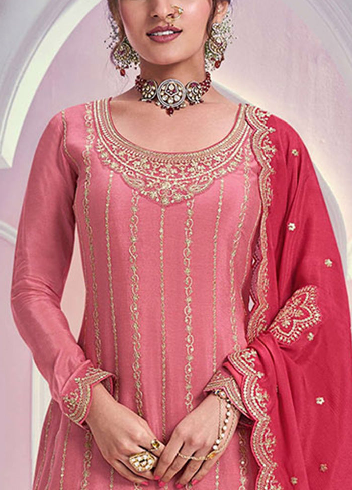 3 Pc Peach Semi Stitched Silk Dupatta Suit Set Clearance Supply