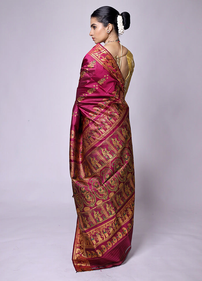 Maroon Handloom Baluchari Pure Silk Saree With Blouse Piece Online Online Clearance