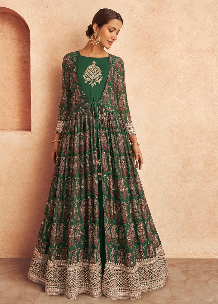 3 Pc Green Semi Stitched Georgette Suit Set Websites For Sale