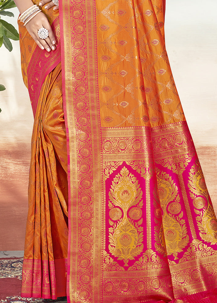 Orange Dupion Silk Saree With Blouse Piece Discount High Quality