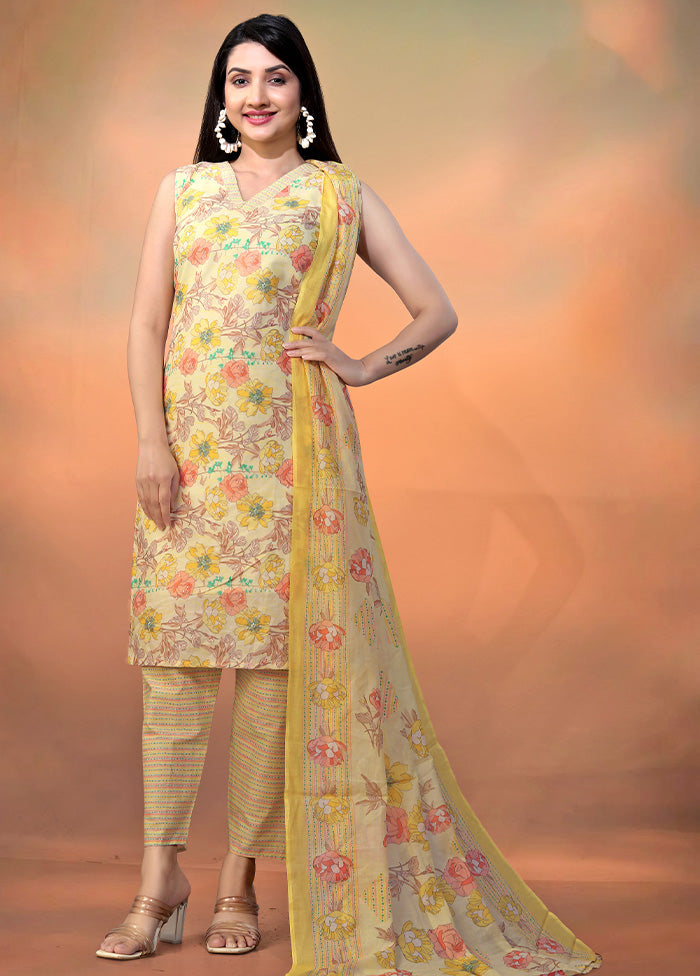 3 Pc Yellow Readymade Cotton Long Kurti Set Fashionable