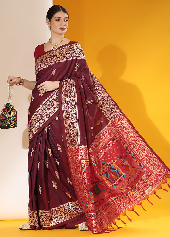 Wine Spun Silk Saree With Blouse Piece Quality Free Shipping