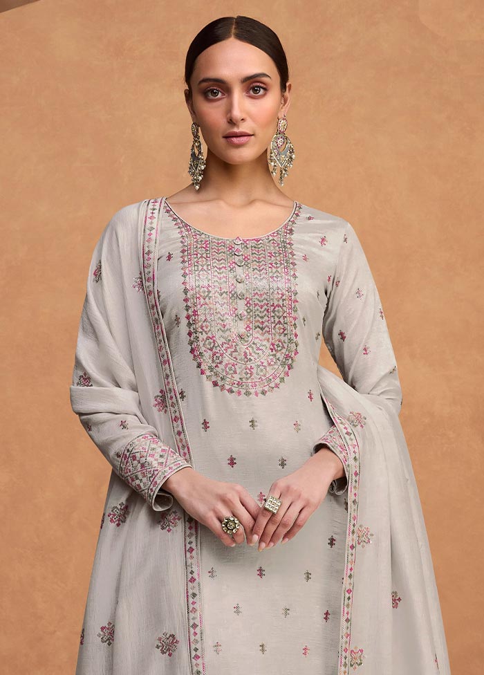 3 Pc Grey Semi Stitched Silk Suit Set Cheapest Pice Online