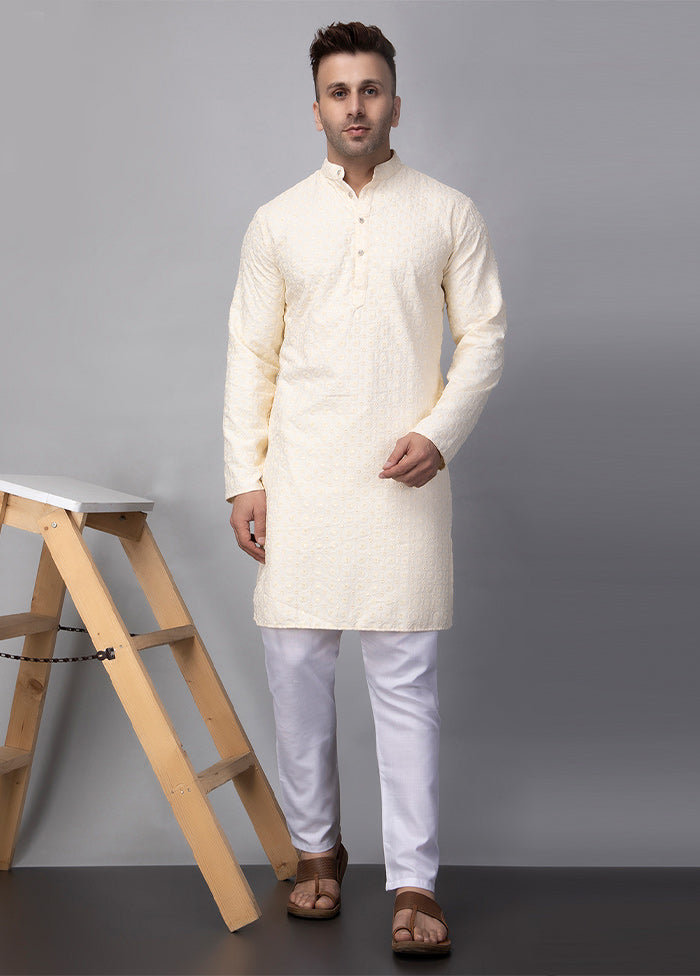 2 Pc Cream Viscose Kurta Pajama Set Clearance Pictures