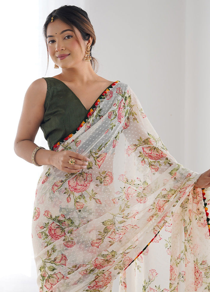 Off White Georgette Saree With Blouse Piece Pictures Online