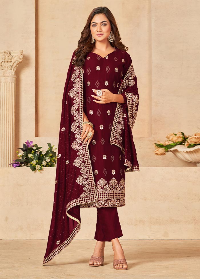 3 Pc Maroon Semi Stitched Georgette Suit Set Authentic Cheap Pice