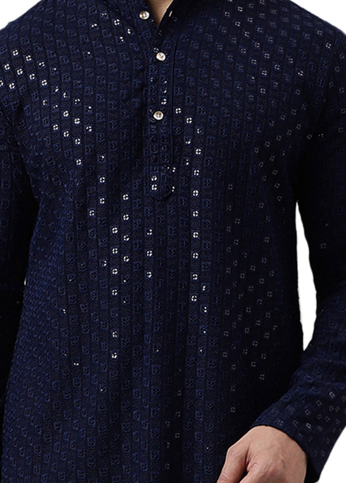 Navy Blue Silk Embroidered Kurta Cheap Sale Exclusive