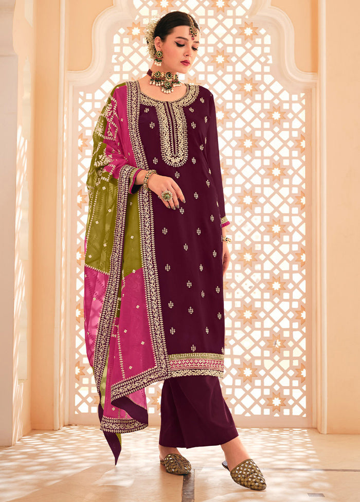 3 Pc Magenta Semi Stitched Silk Suit Set In China For Sale