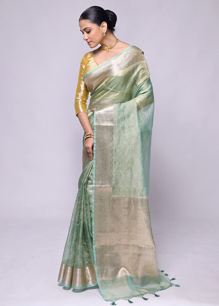 Green Crushed Tissue Silk Saree With Blouse Piece Discount Hot Sale