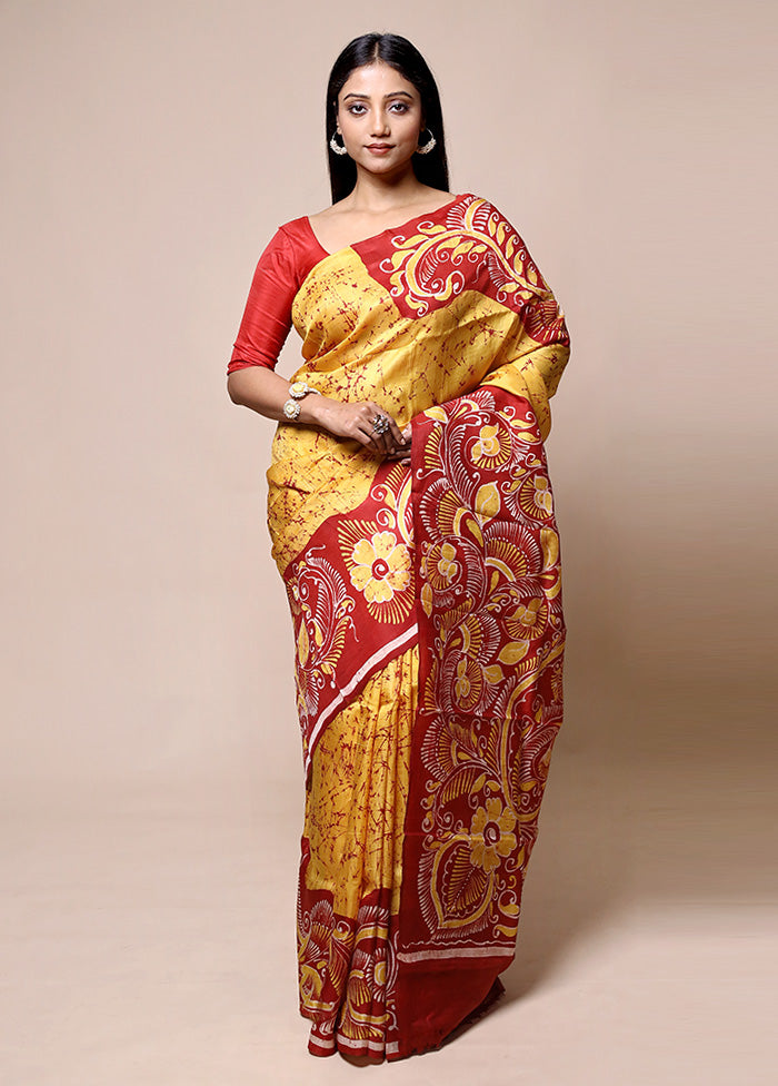 Yellow Printed Pure Silk Saree Without Blouse Piece Authentic For Sale