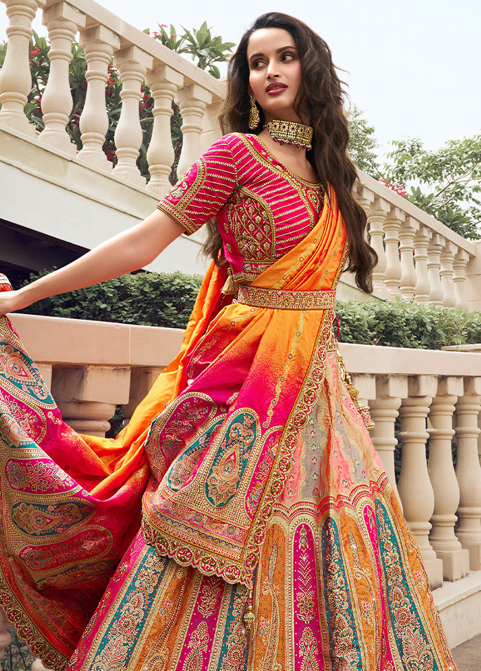 3 Pc Multicolor Silk Semi Stitched Lehenga Set Online Cheap Pice