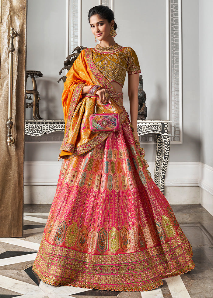 3 Pc Multicolor Silk Semi Stitched Lehenga Set Free Shipping Good Selling