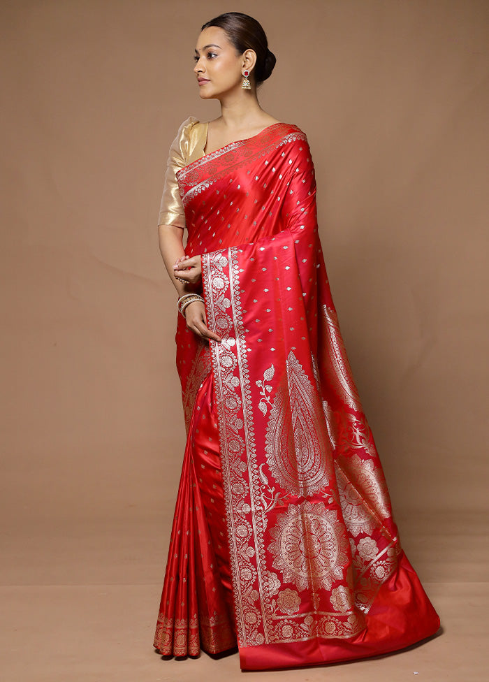 Red Banarasi Silk Saree With Blouse Piece Visa Payment For Sale