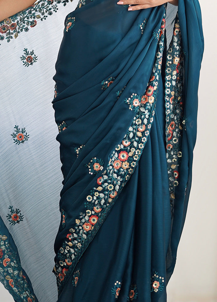 Teal Blue Satin Silk Saree With Blouse Piece For Nice For Sale