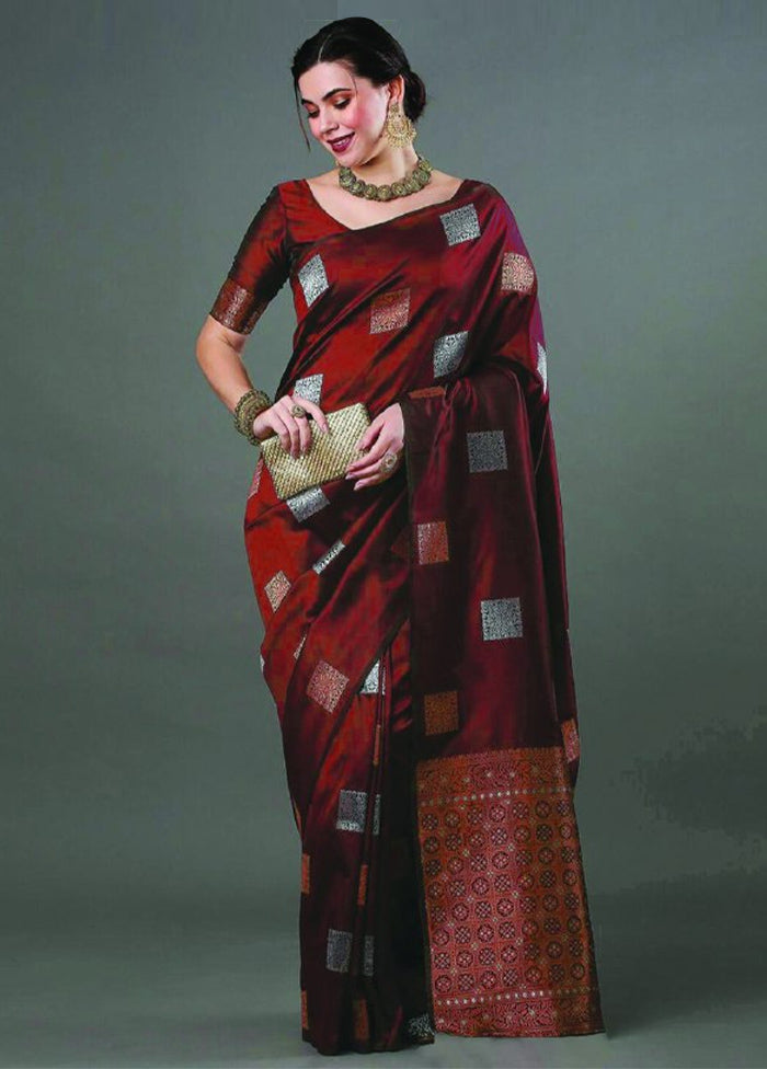 Maroon Banarasi Silk Saree With Blouse Piece For Cheap