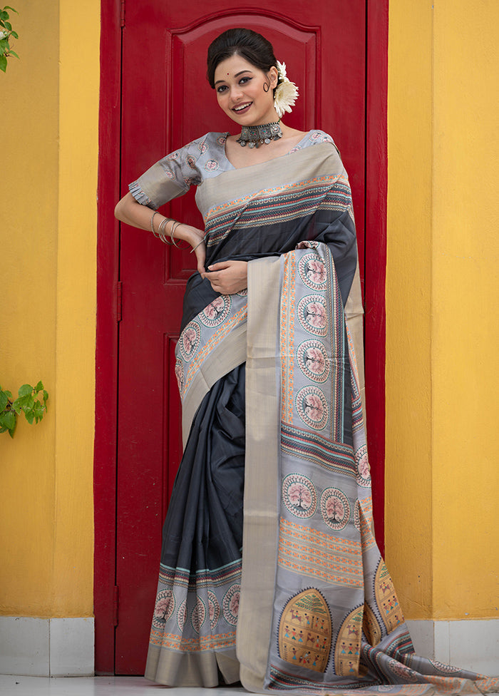 Black Tussar Silk Saree With Blouse Piece Store Online