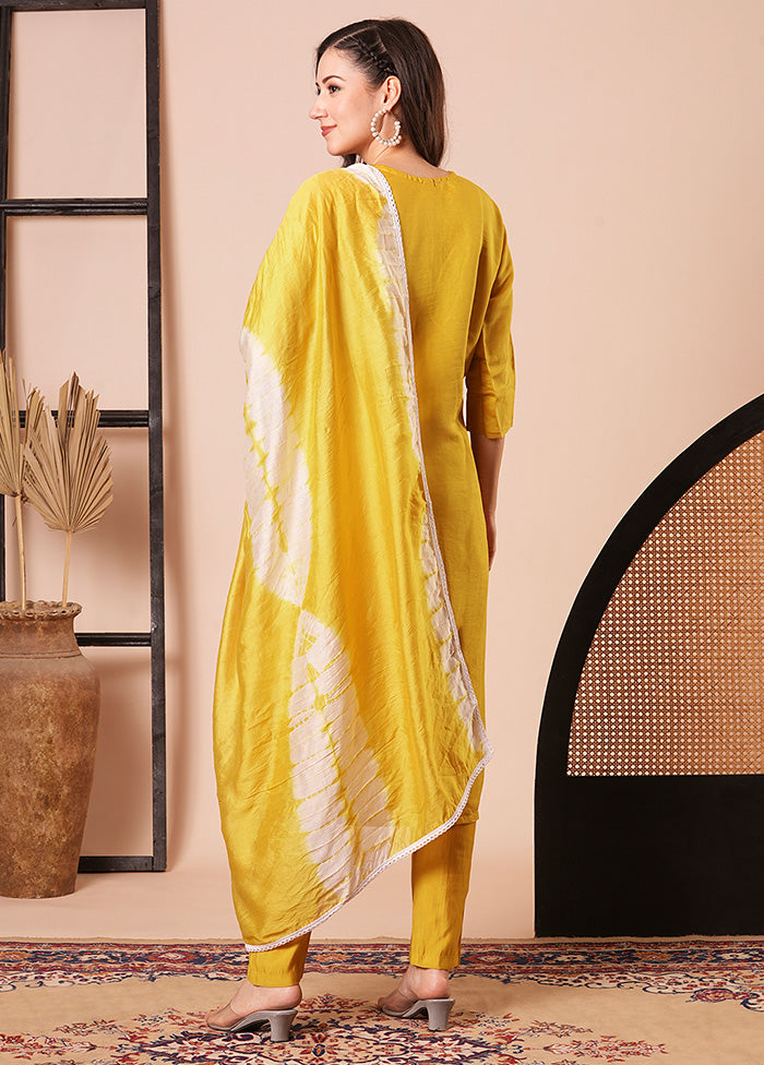 3 Pc Mustard Readymade Chanderi Dupatta Suit Set Affordable Sale Online