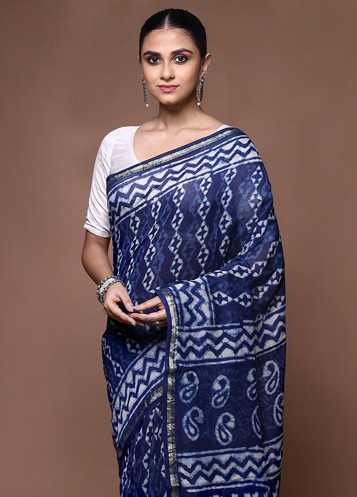 Blue Chanderi Cotton Saree With Blouse Piece Clearance 100% Guaranteed