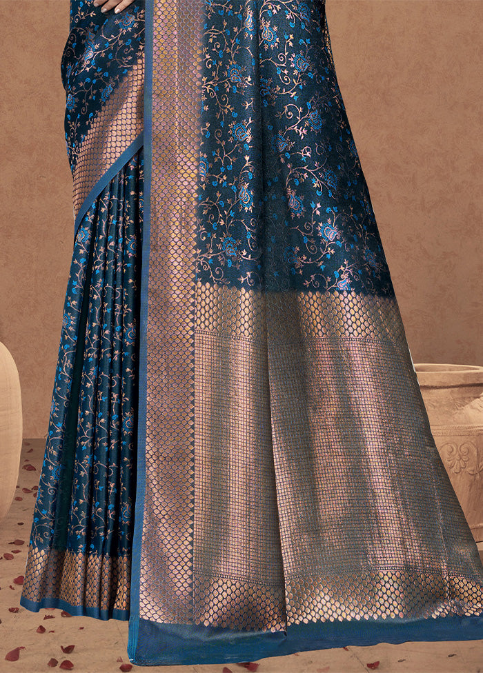 Blue Spun Silk Saree With Blouse Piece Cheap Sale Low Pice