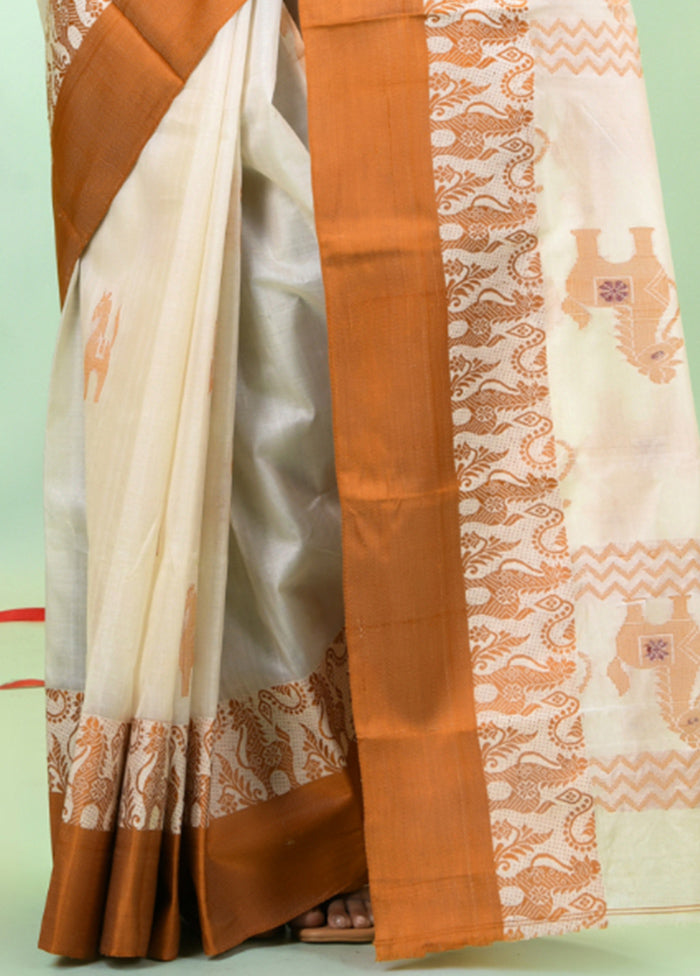 Off White Tussar Pure Silk Horse Motifs Woven Saree Without Blouse Piece Buy Cheap Big Discount