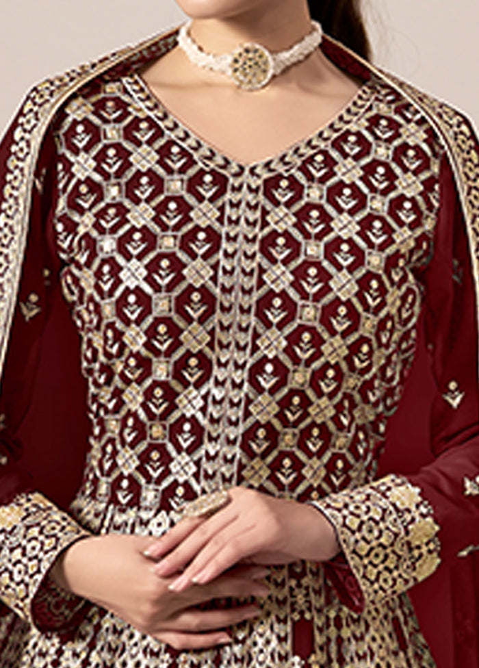 3 Pc Maroon Semi Stitched Georgette Suit Set New Online