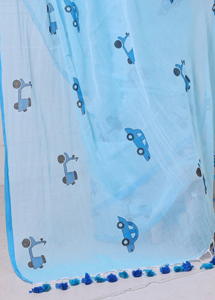 Sky Blue Cotton Uber Print Saree Without Blouse Piece Free Shipping With Mastercard