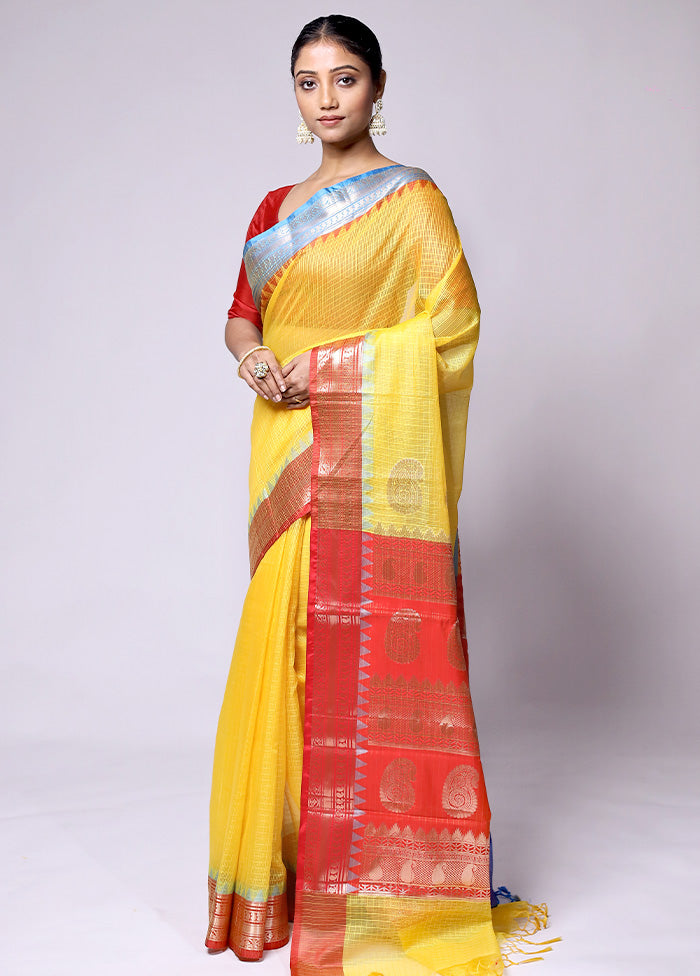 Yellow Kota Cotton Saree With Blouse Piece Cheap Sale Pay With Visa