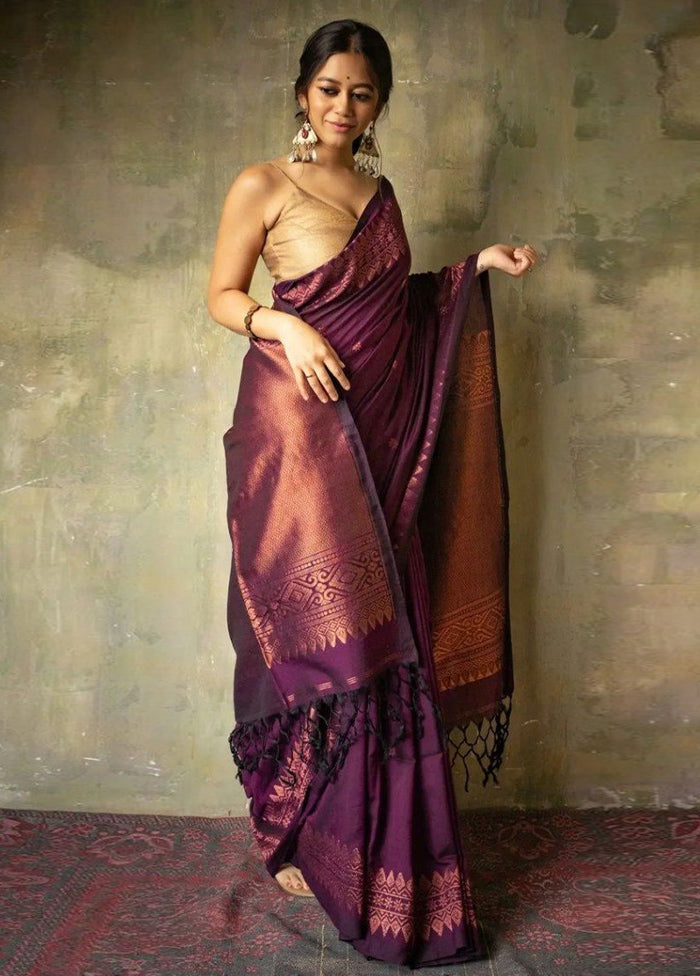 Wine Banarasi Silk Saree With Blouse Piece Pay With Visa For Sale