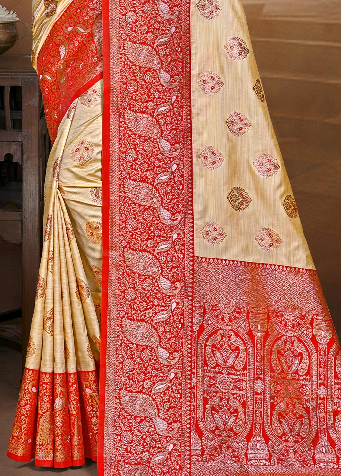 Beige Dupion Silk Saree With Blouse Piece Discount For Nice