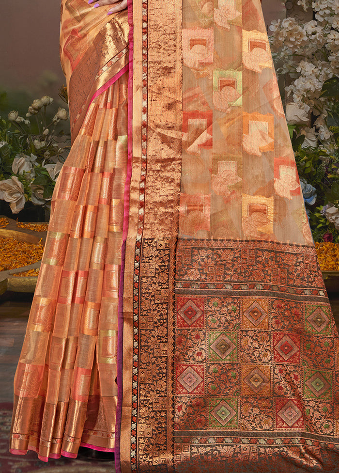 Peach Chanderi Silk Saree With Blouse Piece Sale Release Dates