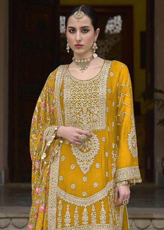 3 Pc Yellow Semi Stitched Silk Suit Set Outlet Store Cheap Online