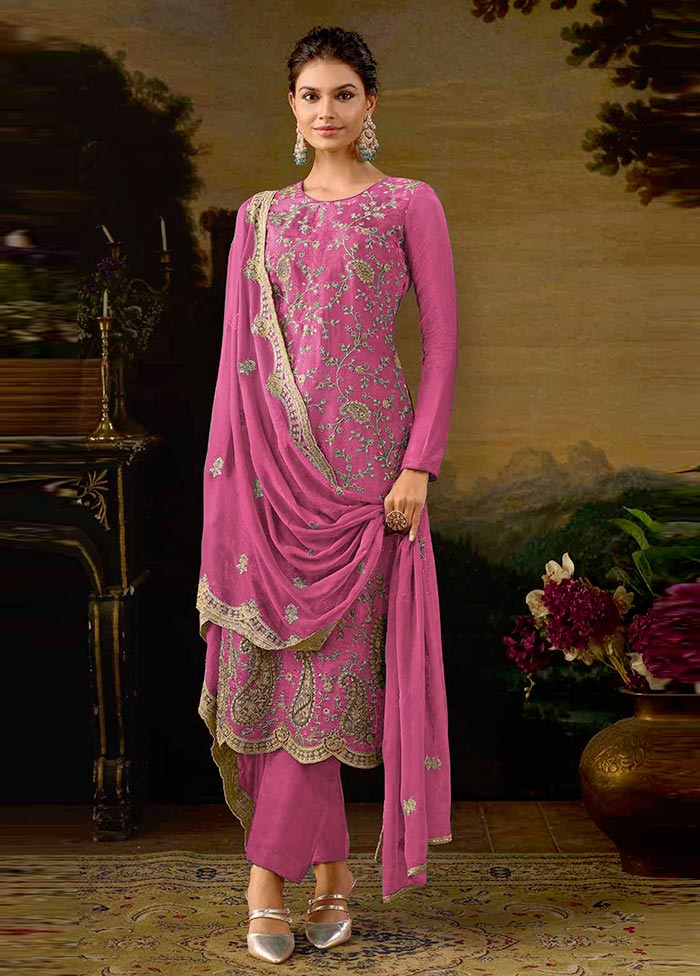 3 Pc Pink Semi Stitched Silk Suit Set Visit For Sale