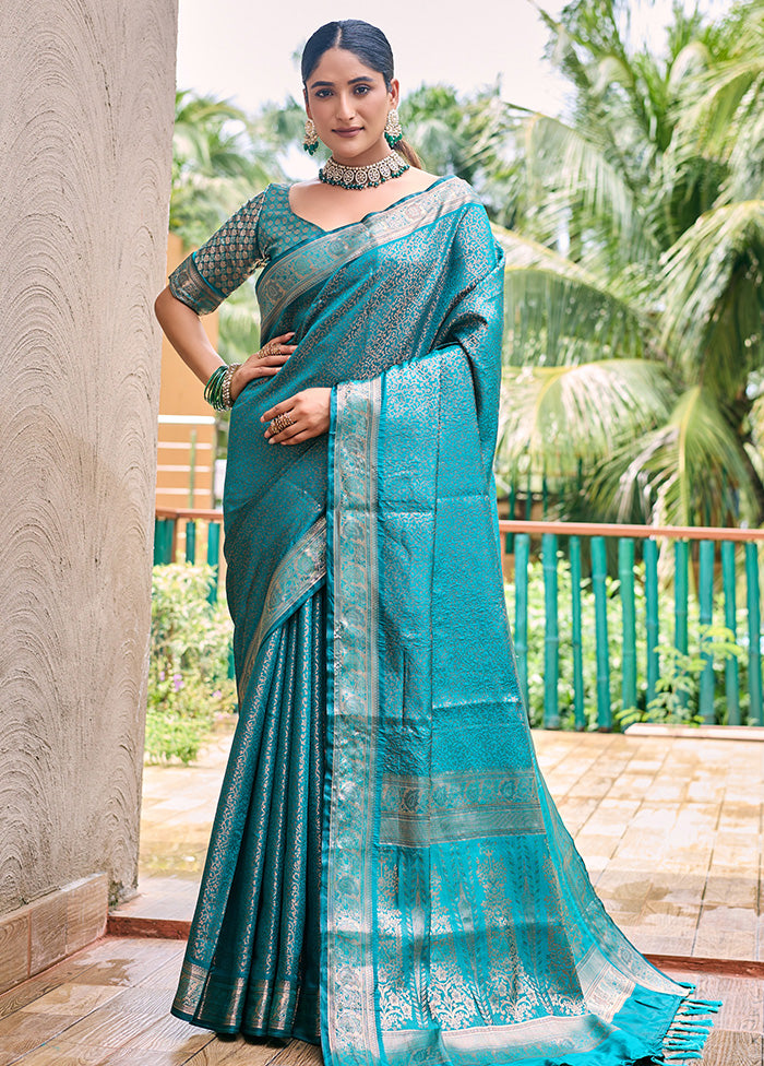 Turquoise Kanjivaram Silk Saree With Blouse Piece Cheapest Pice Online