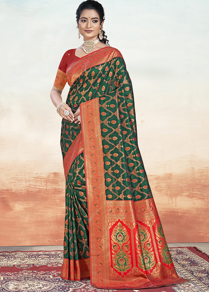 Bottle Green Dupion Silk Saree With Blouse Piece Cheap Sale New Arrival