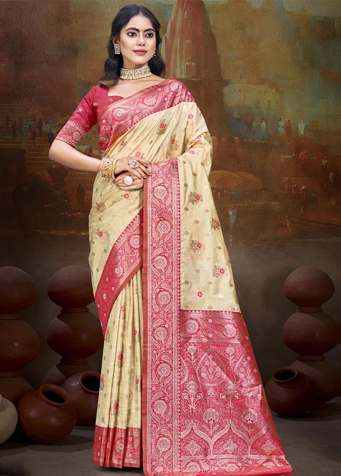 Beige Dupion Silk Saree With Blouse Piece Cheap Sale Explore