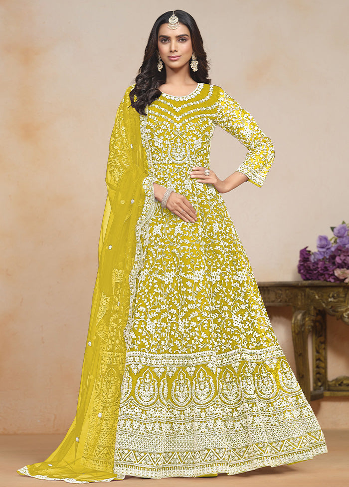 3 Pc Lime Green Semi Stitched Net Suit Set Pre Order For Sale